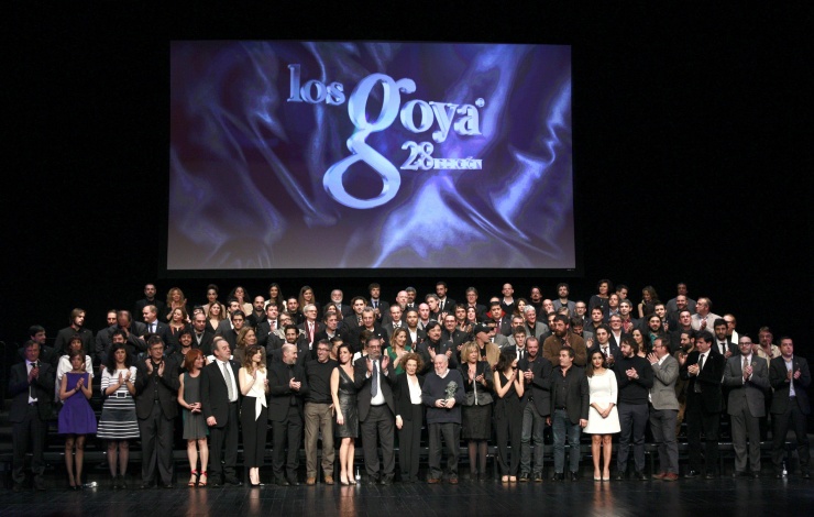 Foto de familia de los finalistas en la XXVIII edicin de los Premios Goya, que concede la Academia de las Artes y las Ciencias Cinematogrficas, durante su presentacin hoy en los Teatros del Canal de Madrid